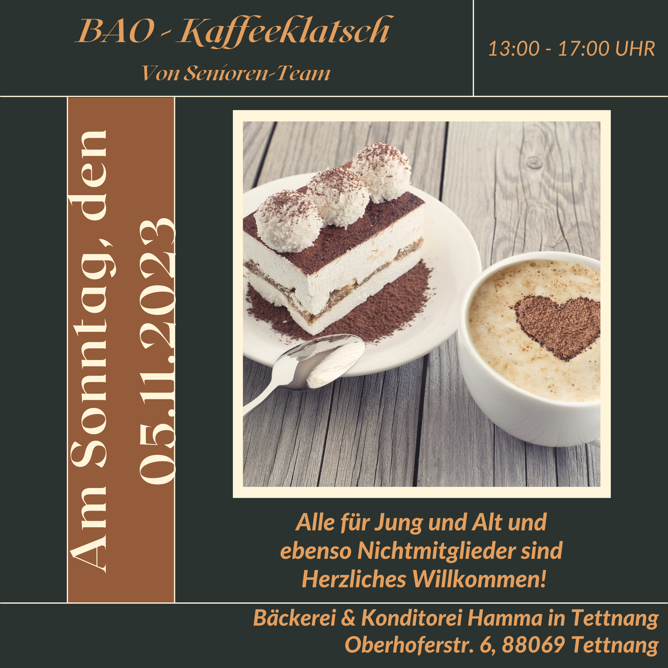 Ein Flyer mit einem Stück Kuchen und einer Tasse Kaffee