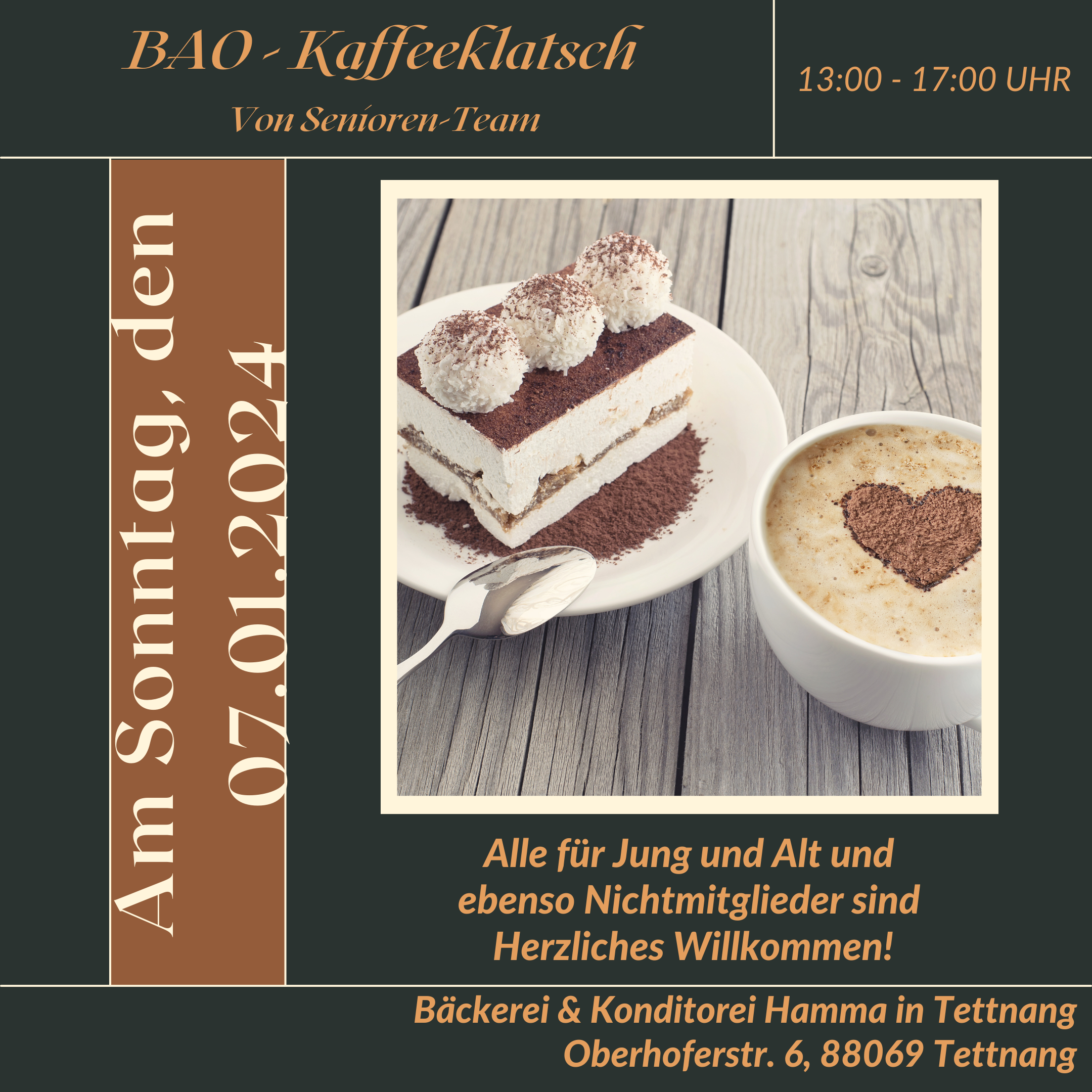 Ein Flyer mit einem Stück Kuchen und einer Tasse Kaffee