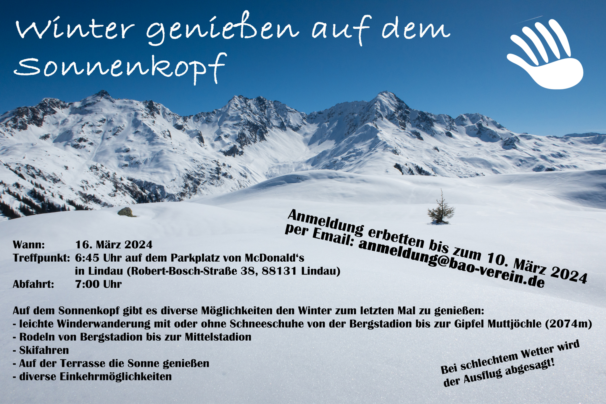 Ein Plakat, das für ein Skigebiet in den Bergen wirbt